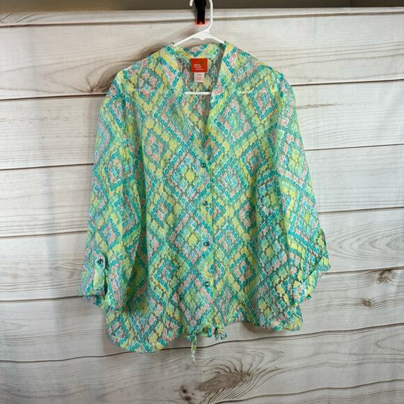 hearts of palm Tops - Hearts of Palm Woman Multicolor Semi Sheer Button Up Blouse Rise 24W